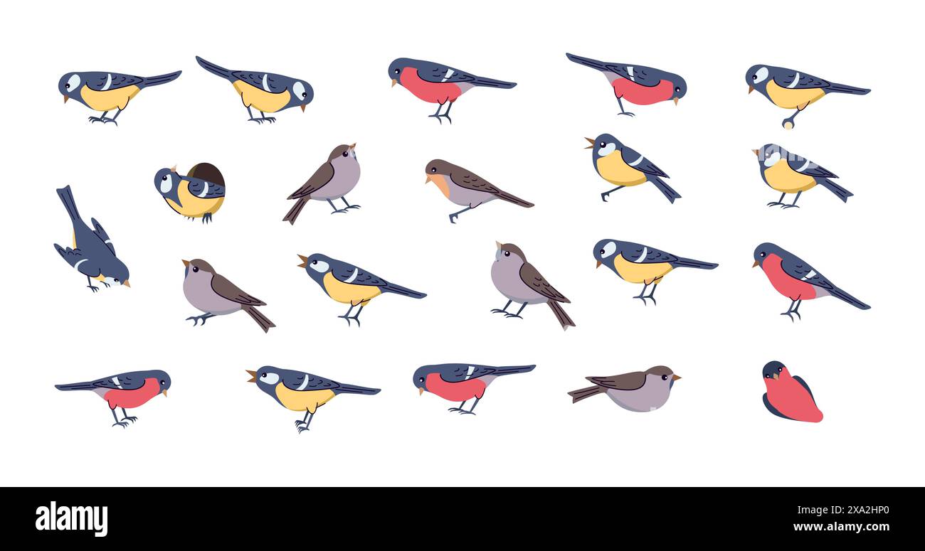 Cute spring birds flock 2D cartoon vector characters set. Wild fauna ...