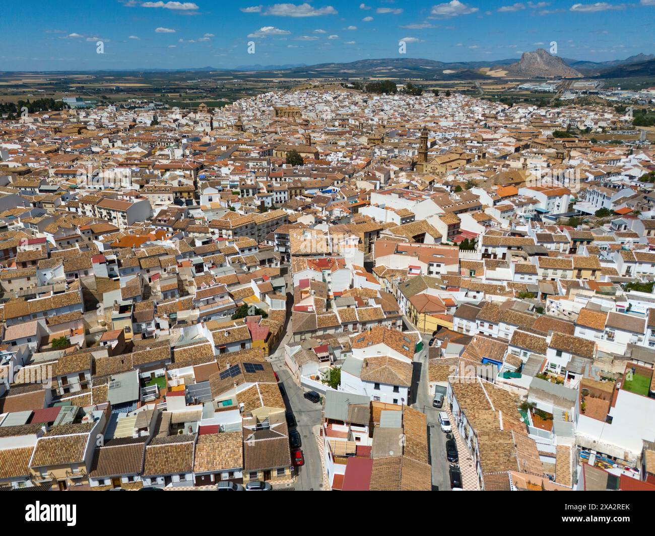 Aerial view of a picturesque spanish town with tightly packed rooftops ...