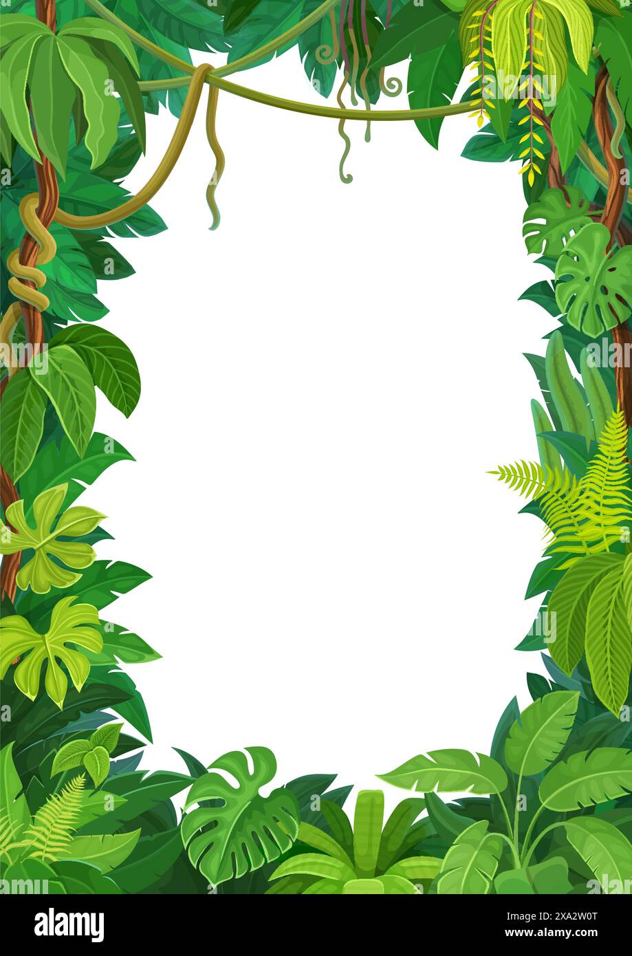 African tropical forest liana frame with jungle plant leaves. Vector ...