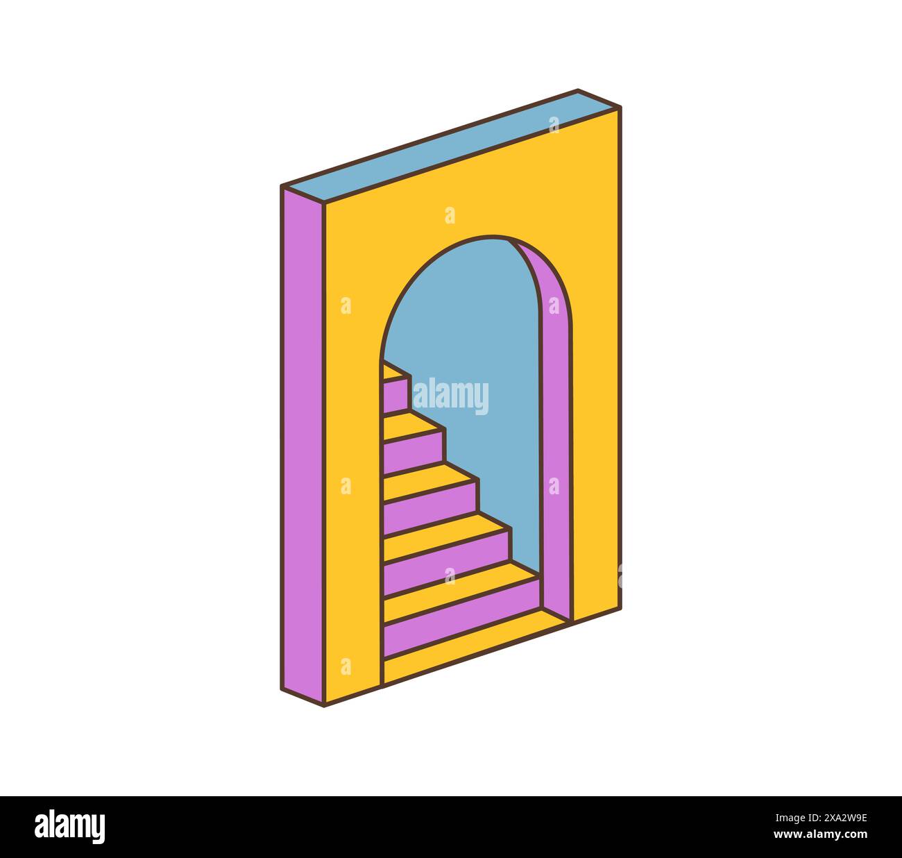 Cartoon retro groovy hippie symbol of stairs within an arched doorway