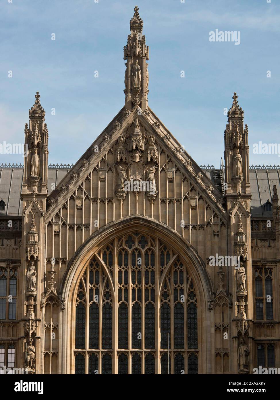 Close-up of a Gothic building, large windows and ornate facade, sky in the background, London, England, Great Britain Stock Photo