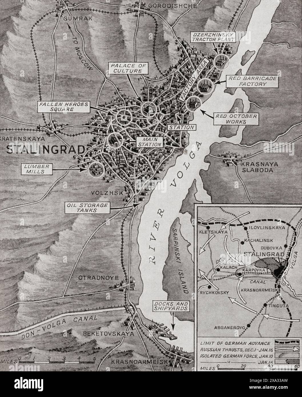 Map of Stalingrad showing the farthest enemy advance into the city before the Red Army's smashing counter attack, 19 November, 1942.  From The War in Pictures, Fourth Year. Stock Photo