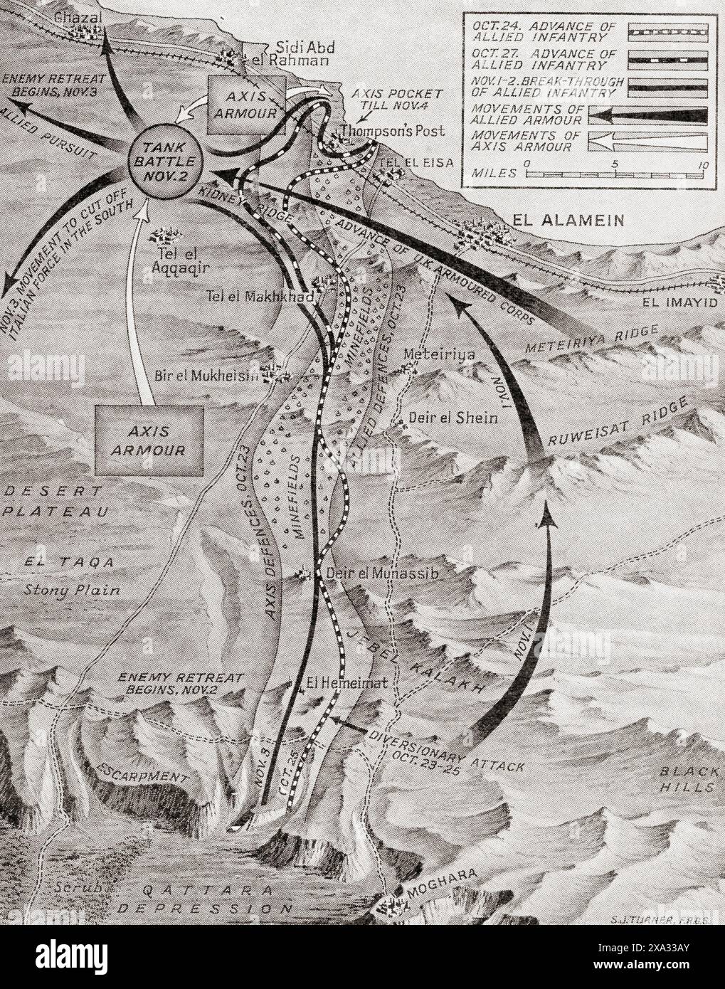 Eighth Army hits back. Map showing the main phases of the Second Battle of El Alamein, 23 October - 3 November 1942.  From The War in Pictures, Fourth Year. Stock Photo