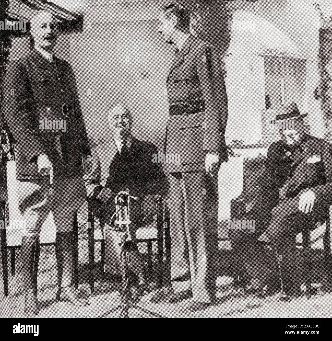 The Allied Conference in Casablanca, French Morocco, 14 January, 1943. From left to right, General Giraud, President Roosevelt, General De Gaulle and Winston Churchill.  Henri Honoré Giraud, 1879 – 1949. French military officer and leader of the Free French Forces during the Second World War. Franklin Delano Roosevelt, 1882 –1945, aka FDR.  American politician, 32nd president of the United States of America.  Charles André Joseph Marie de Gaulle, 1890 –1970. French army officer and statesman, 18th President of France.  Sir Winston Leonard Spencer-Churchill, 1874 – 1965. British polit Stock Photo