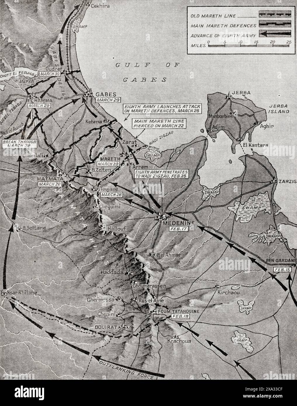 Map showing the advance of the Eighth Army over the Mareth Line, 28 March, 1943.  From The War in Pictures, Fourth Year. Stock Photo
