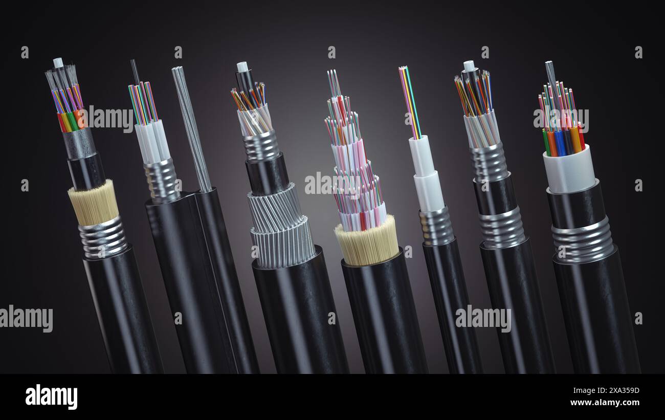 Fiber optical cables structure of different types on black background ...