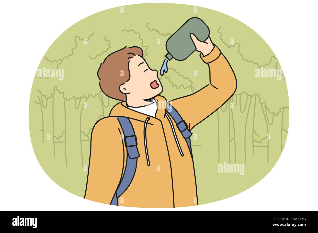 Man drinks water hiking in forest feeling thirsty after long walk through wilderness area with trees. Young guy with flask is fond of hiking and travels in national nature reserve. Stock Vector