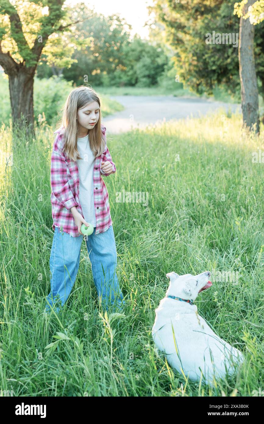 A child with a dog in nature, girl playing with a dog on green grass ...