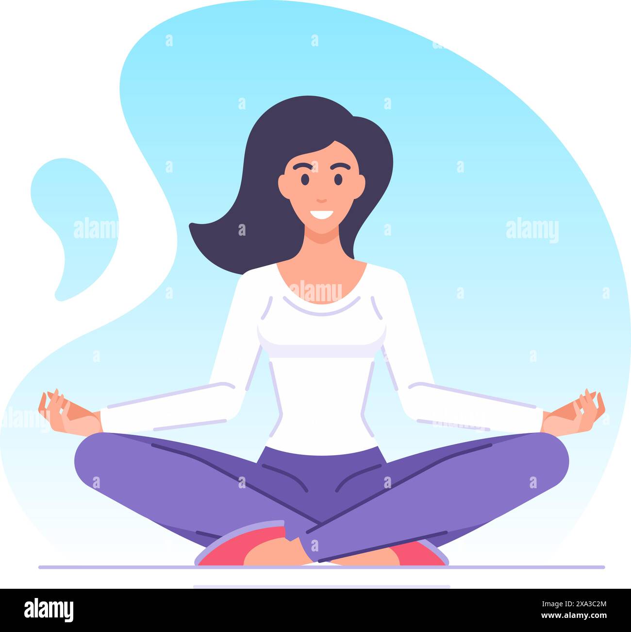 Smiling young relaxed woman practicing yoga sitting in lotus position ...