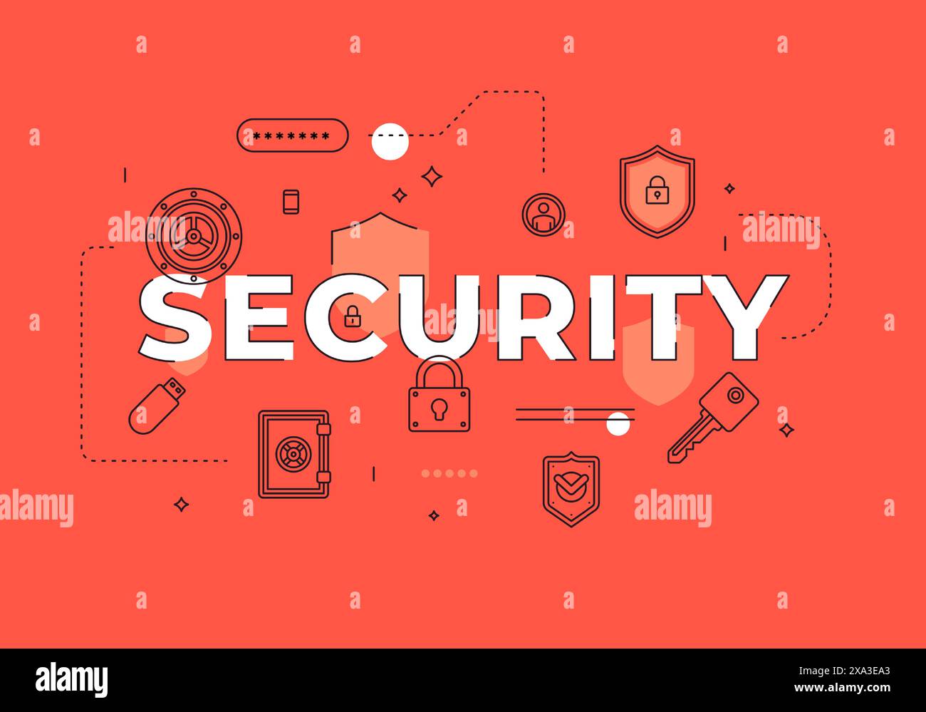Security text concept modern flat style vector illustration red banner with outline icons. Protection company website landing page template or mobile Stock Vector