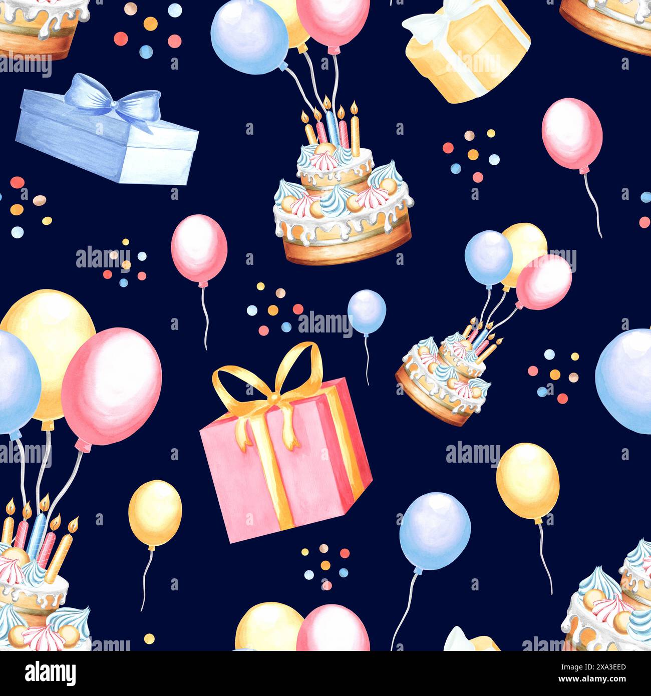 Cake with balloons Gift with bow ribbons and confetti. Seamless pattern ...