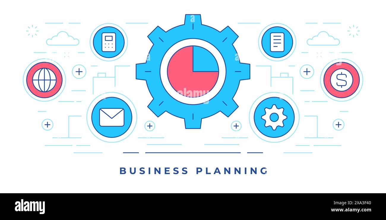 Vector illustration of flat line banner with graphic gear and icons created for modern website offering business planning services. Linear style desig Stock Vector
