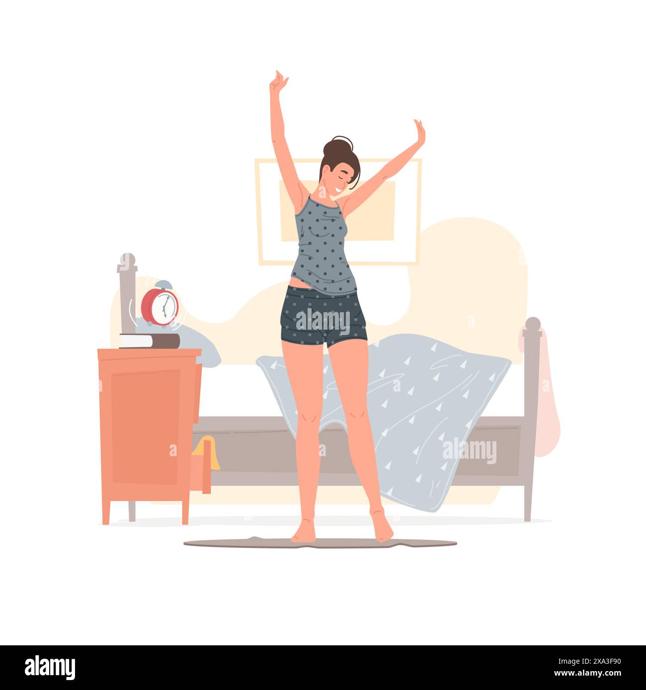 Vector illustration of cheerful young female in pajama raising arms and stretching body while standing near bed and cabinet with ringing alarm clock i Stock Vector