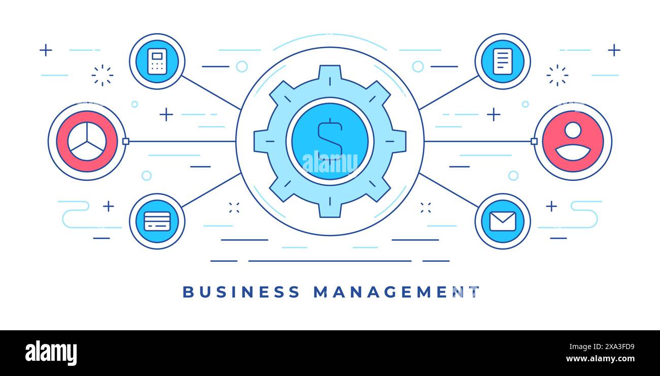 Vector illustration of flat line banner with graphic gear and icons designed for modern website promoting business management services. Linear style d Stock Vector