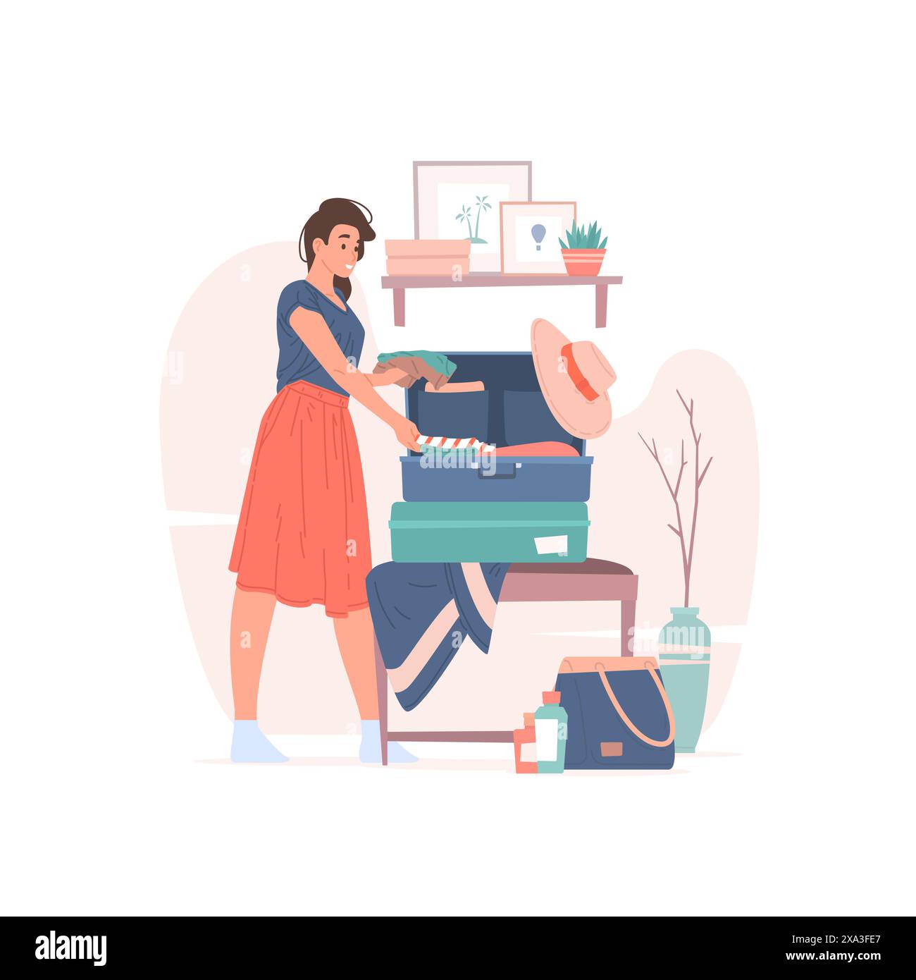Young woman packing luggage for summer trip vector illustration. Modern young female smiling and incase clothes into suitcase while preparing for summ Stock Vector