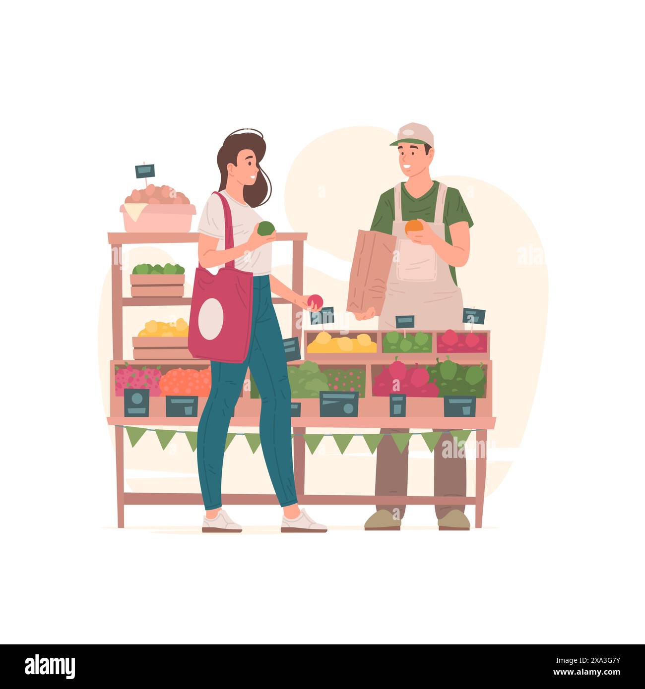 Woman Buying Groceries From Man On Market Vector Illustration Modern 