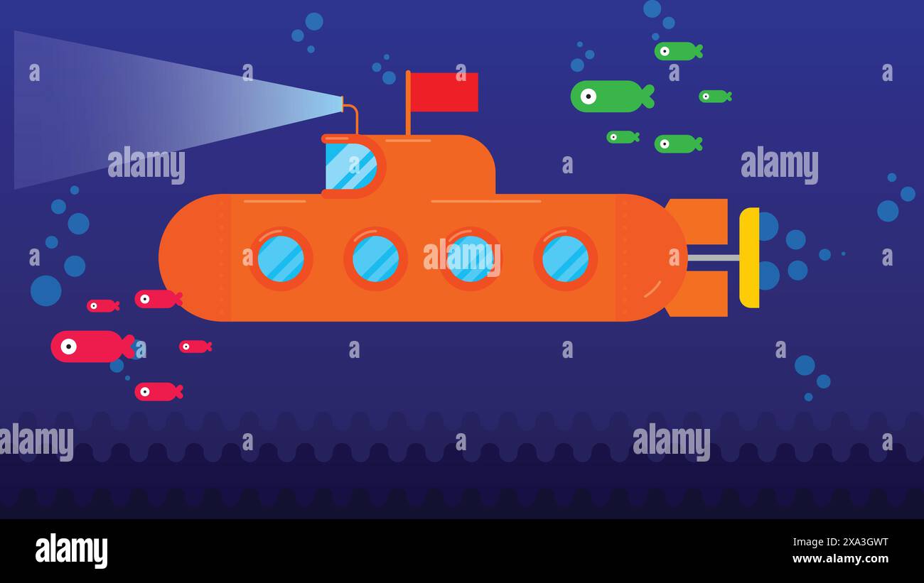 Submarine undersea view with fishes. flat style vector illustration Stock Vector