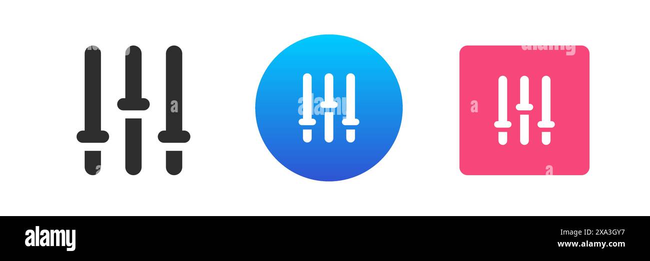 Settings panel switch button navigation audio balance control push power icon set vector flat illustration. Channel level turn amplifier regulation me Stock Vector
