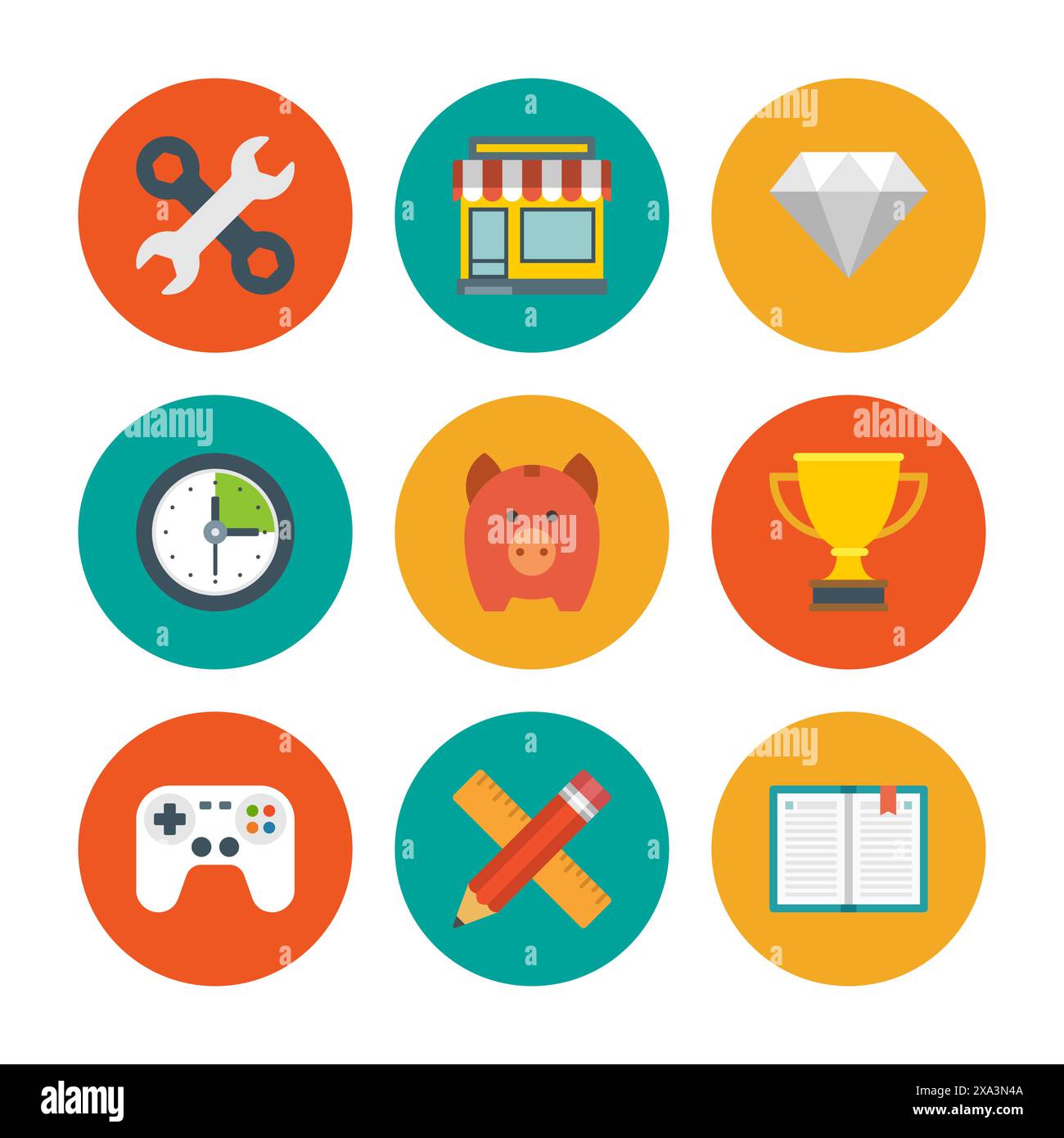 Flat design icons, Tools, Online Shop, Diamond, Clock, Trophy Cup, Piggy Money Box, Game Controller, Book, Pencil and Ruler. Vector business symbols f Stock Vector