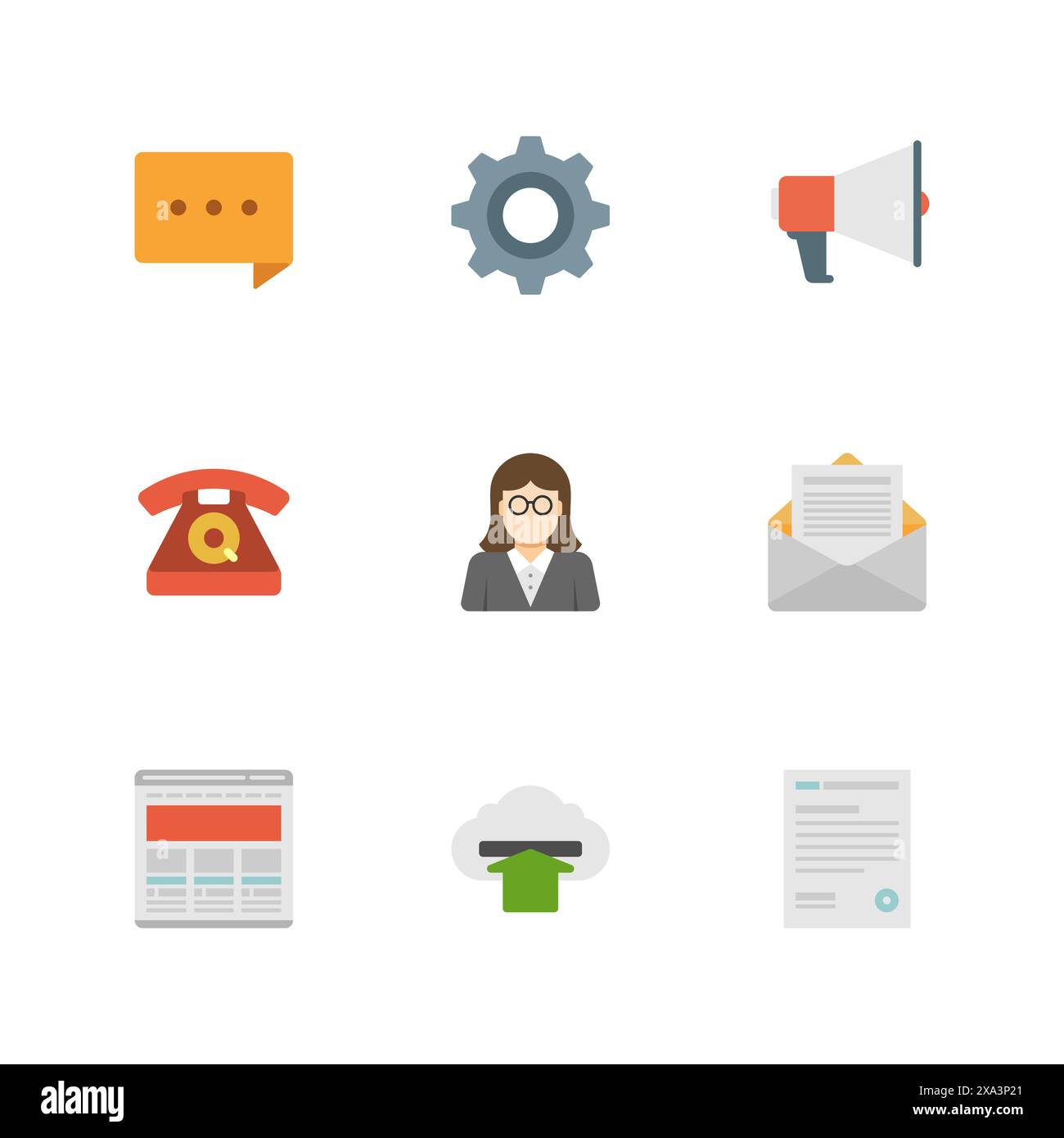 Flat design icons, Speech Bubble, Gear Options, Megaphone, Telephone, Teacher, Open Mail, Development, Cloud Computing Download, Coding. Vector busine Stock Vector