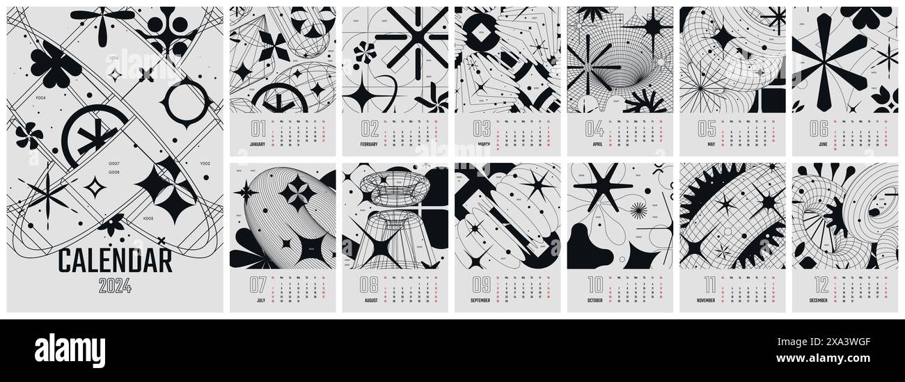 Monthly vector monochrome calendar 2024 with week start Sunday, 12