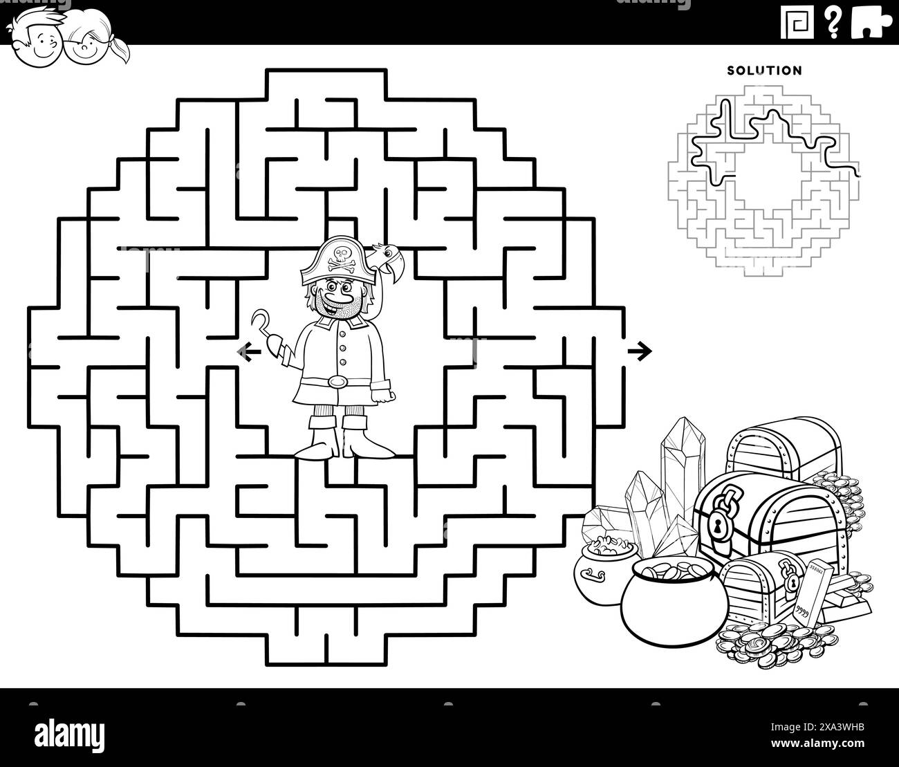Cartoon illustration of educational maze puzzle game for children with pirate character and treasure coloring page Stock Vector