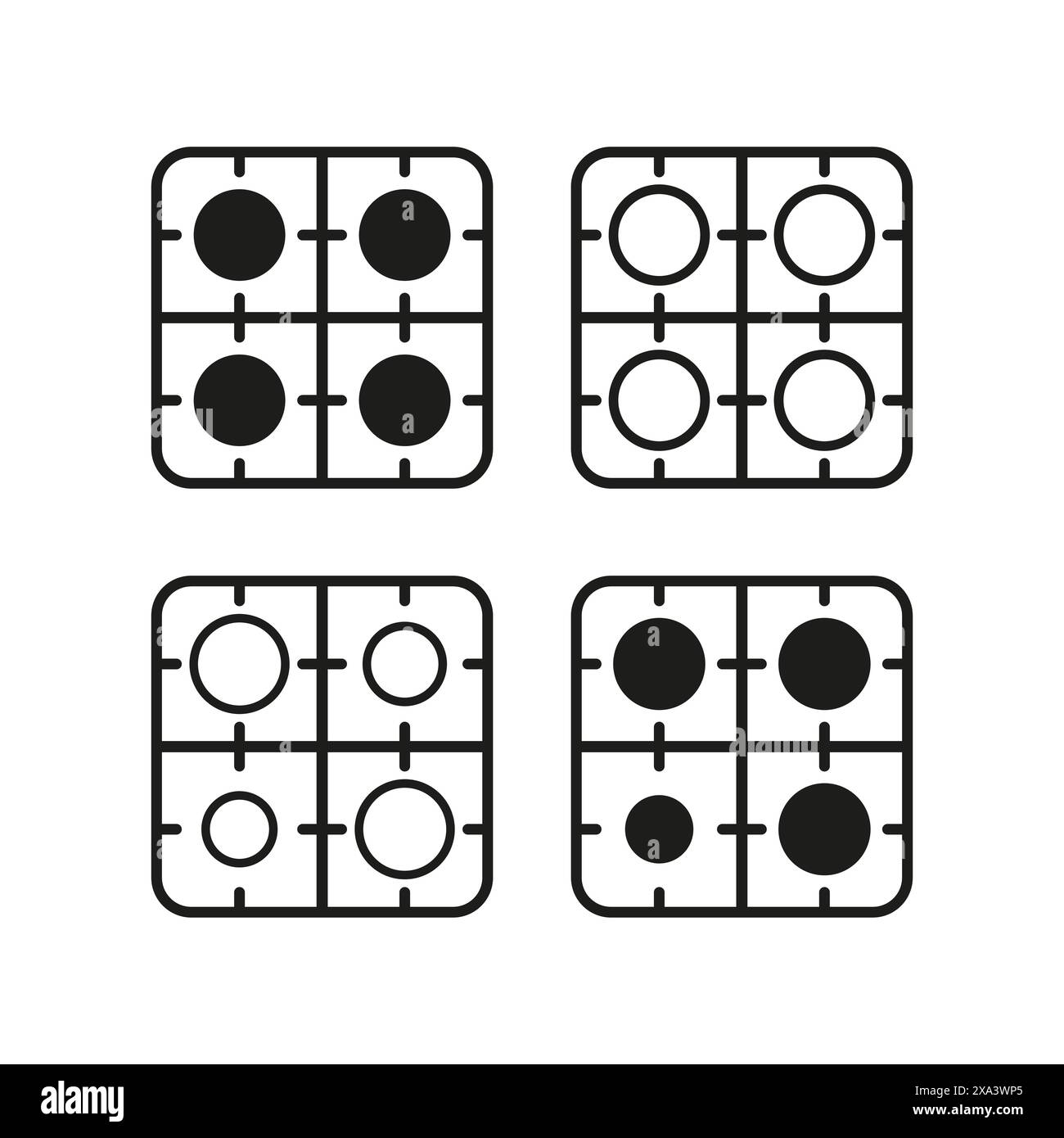 Stovetop burner icons. Black outlines. Kitchen appliance. Vector