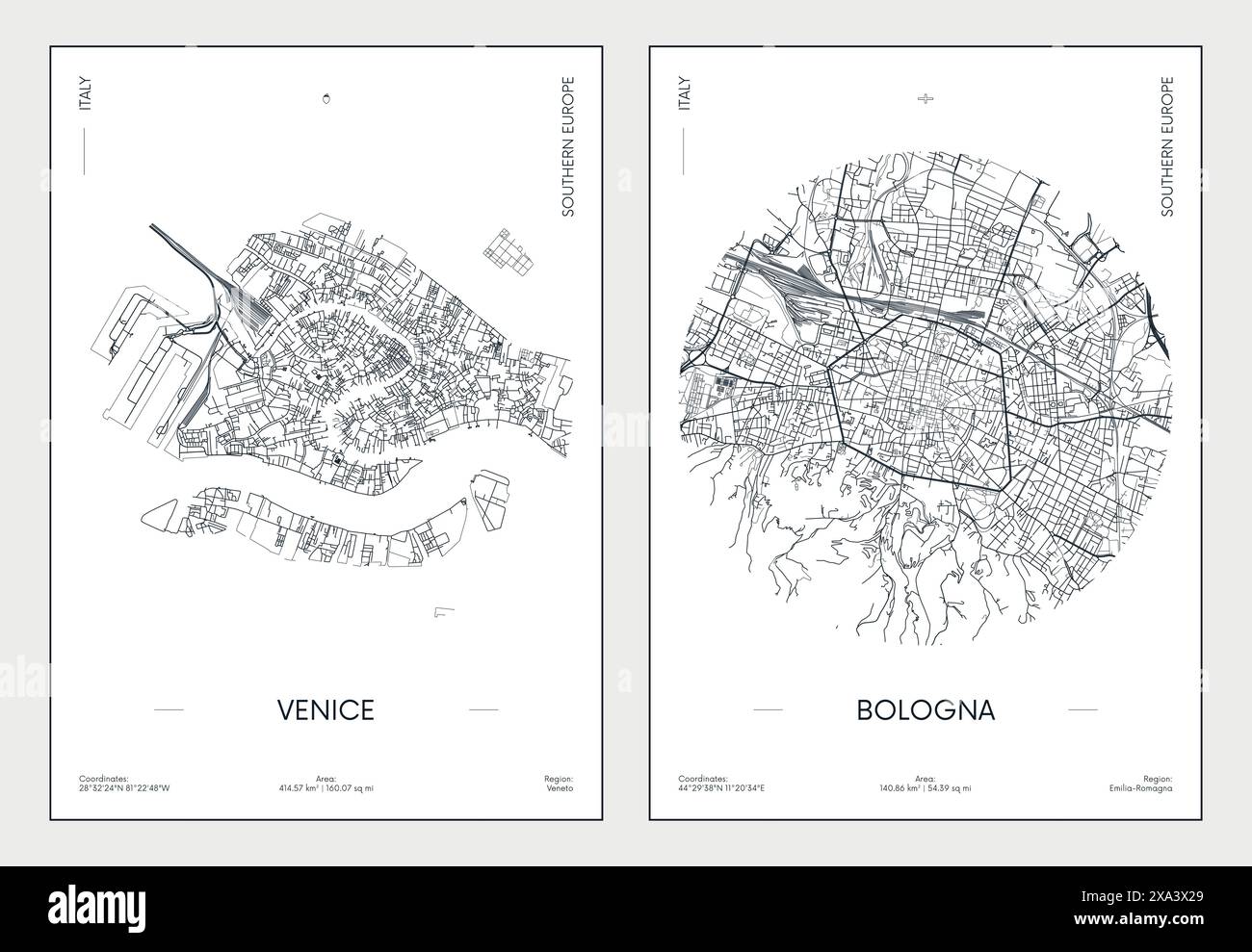 Travel poster, urban street plan city map Venice and Bologna, vector illustration Stock Vector