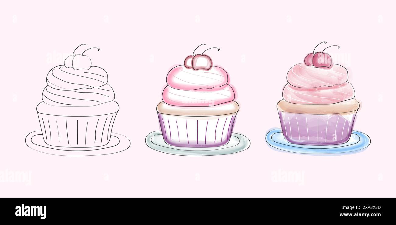 This image shows the stages of drawing a cherry cupcake. The first image is a simple line drawing, second and final adds color and detail with shading and highlights Stock Vector