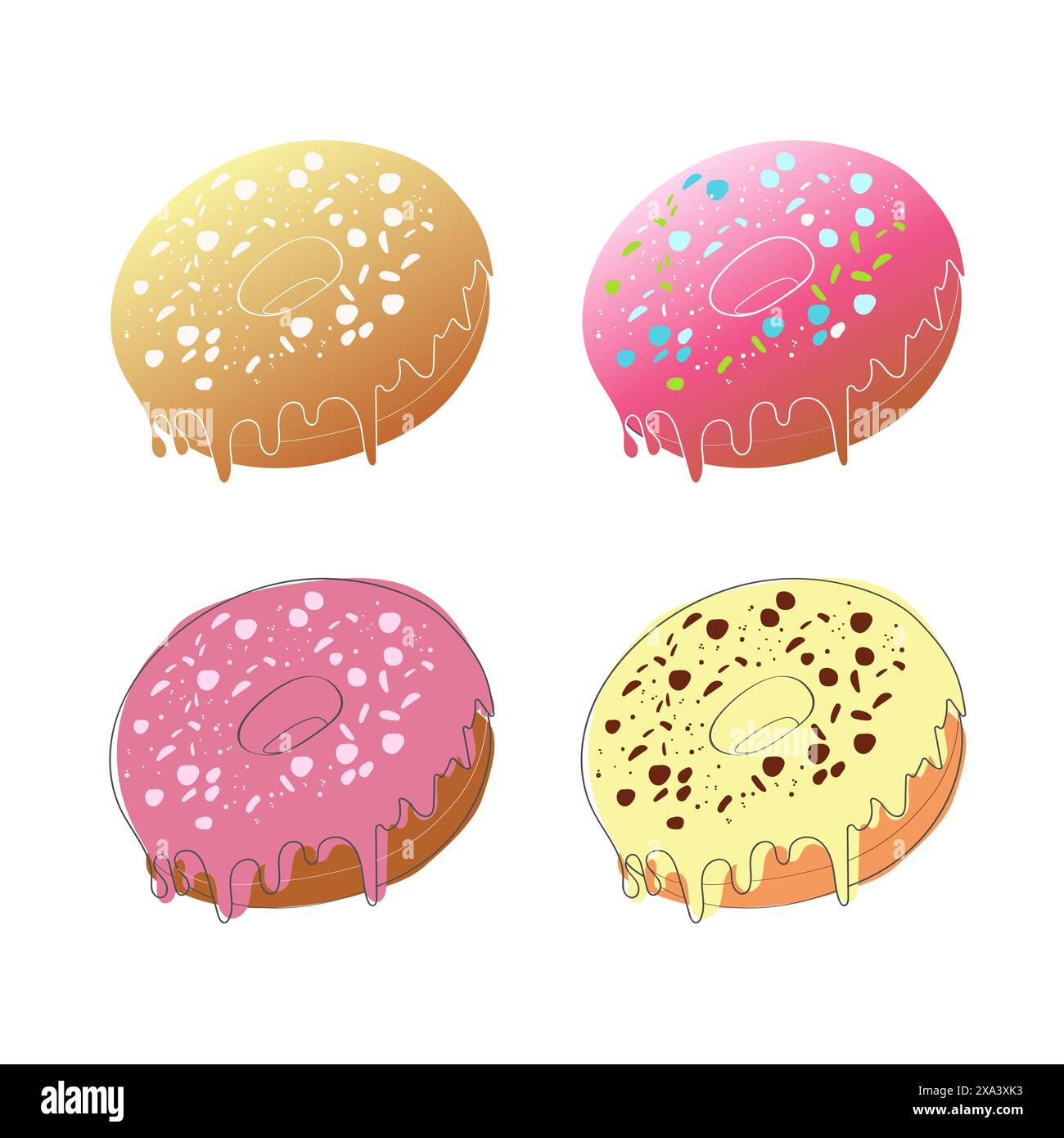 A digital illustration of four glazed donuts with sprinkles. The donuts ...