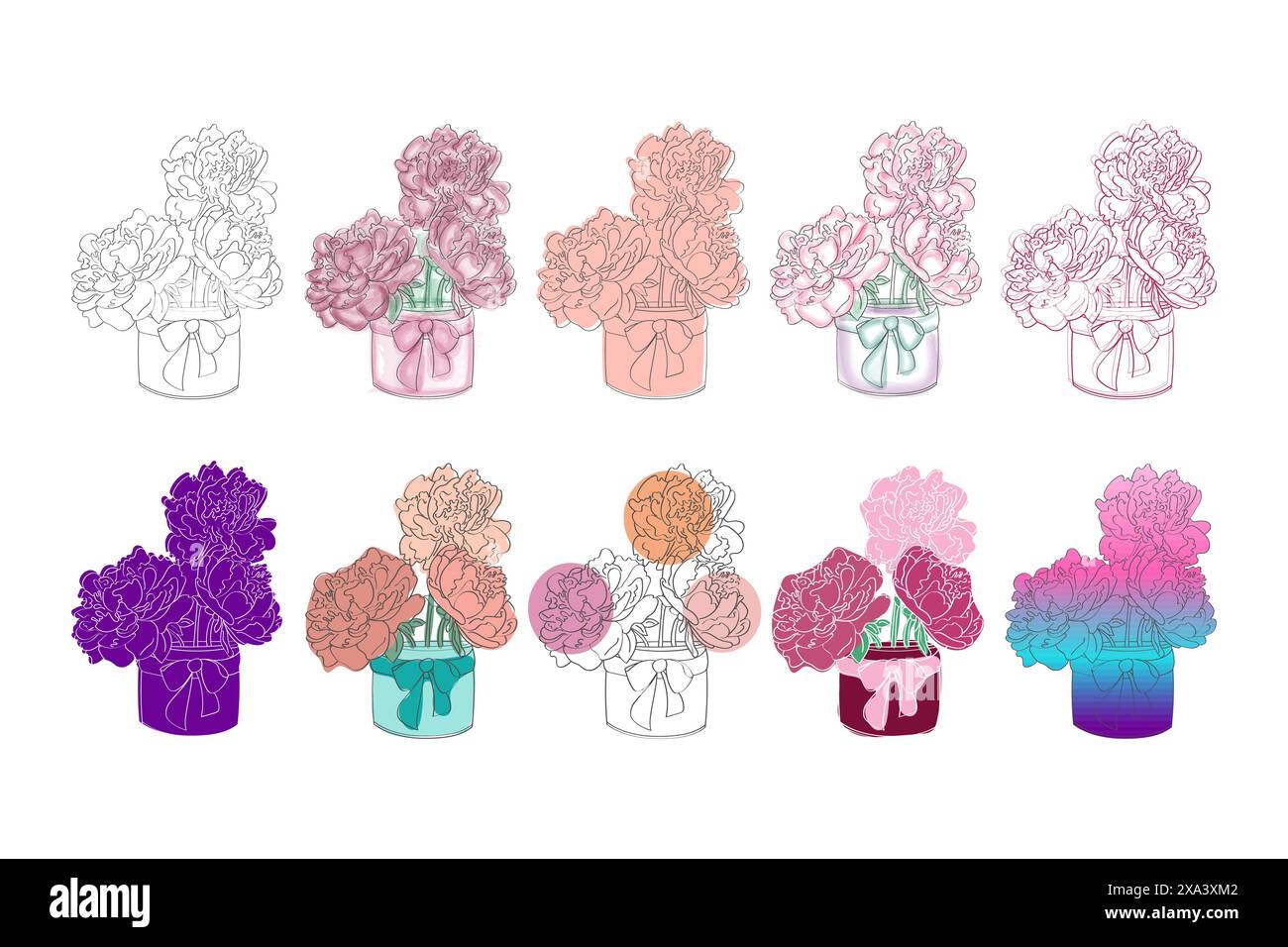 A digital illustration of ten different flower arrangements in jars, featuring various color ...