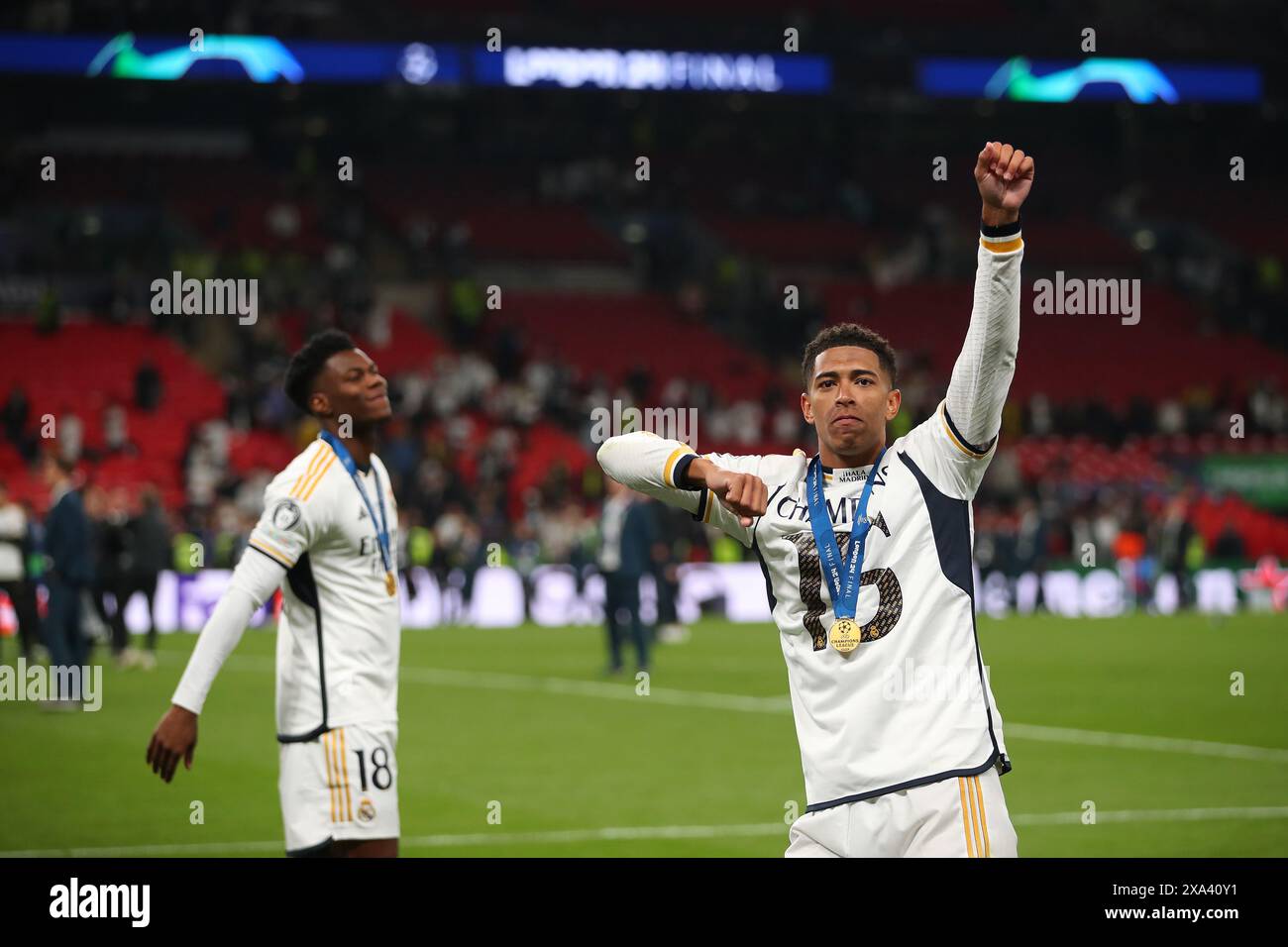 Jude Bellingham of Real Madrid celebrates after winning the UEFA