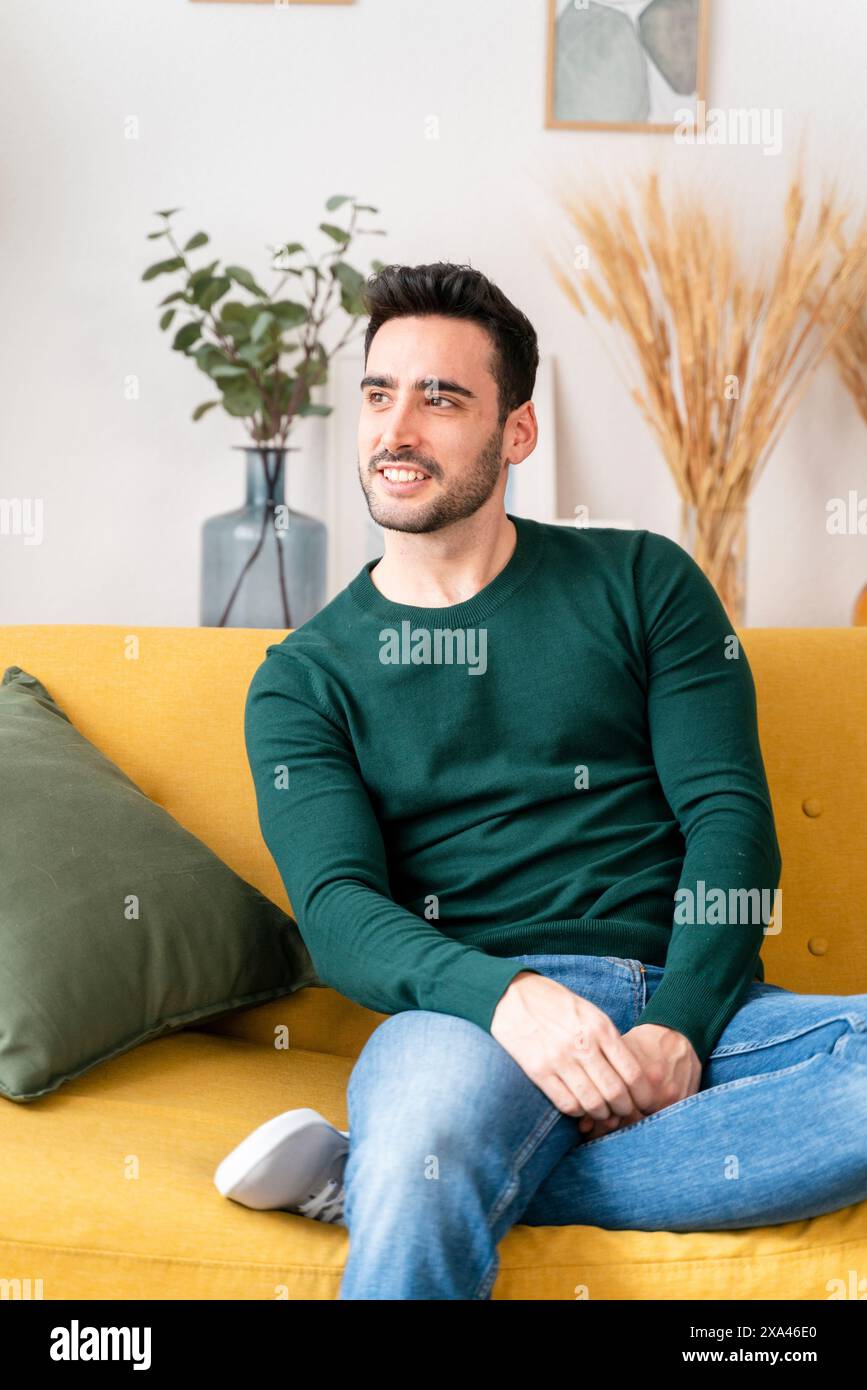 Man sitting couch smiling hi-res stock photography and images - Alamy