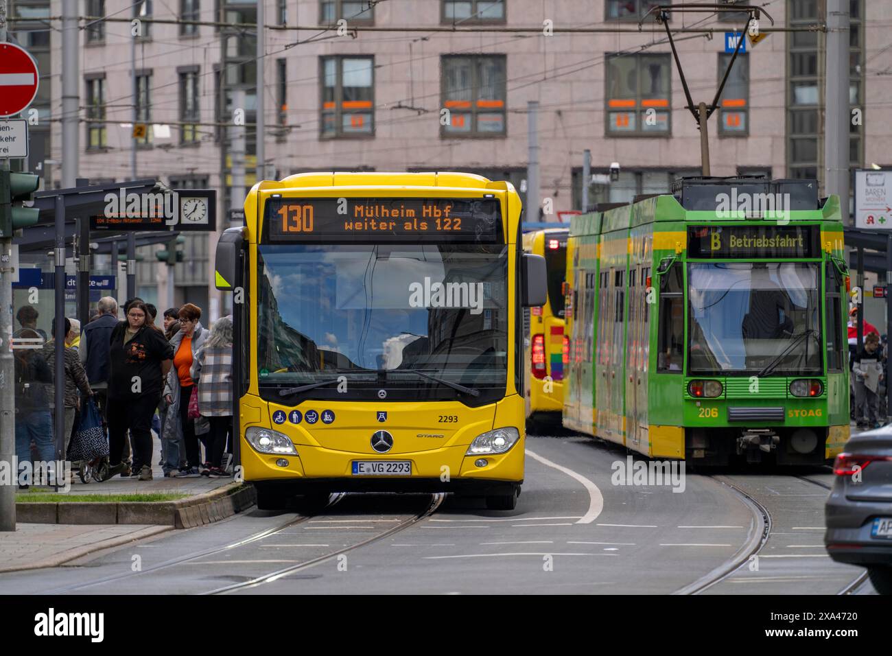 Bus and streetcar stop Mülheim Stadtmitte, at the town hall, Mülheim an der Ruhr, NRW, Germany, Stock Photo