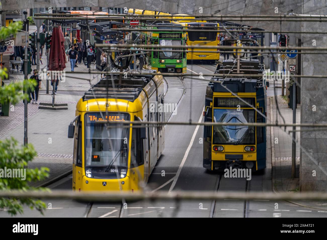 Bus and streetcar stop Mülheim Stadtmitte, at the town hall, Mülheim an der Ruhr, NRW, Germany, Stock Photo