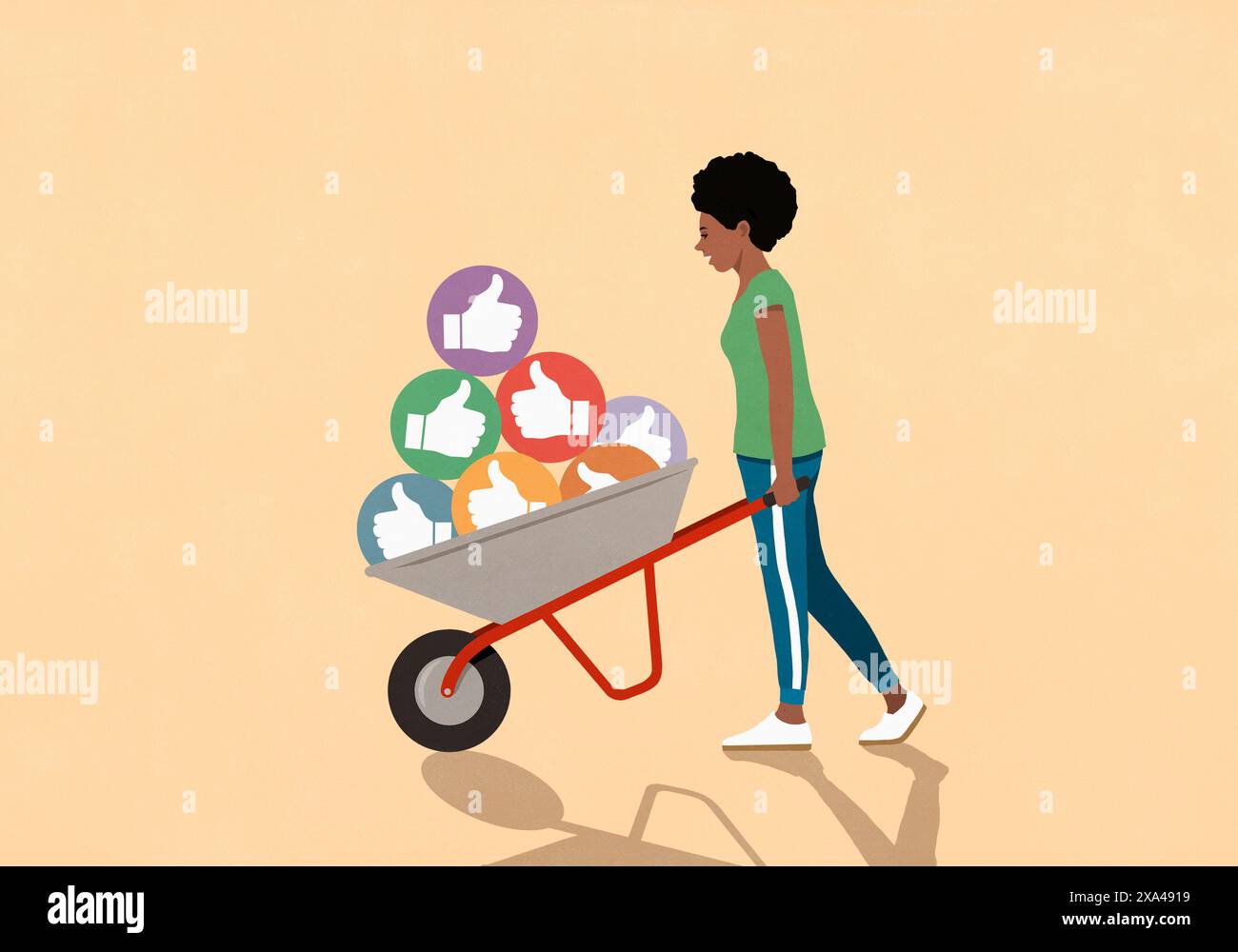 Woman pushing wheelbarrow of social media thumbs-up likes Stock Photo ...