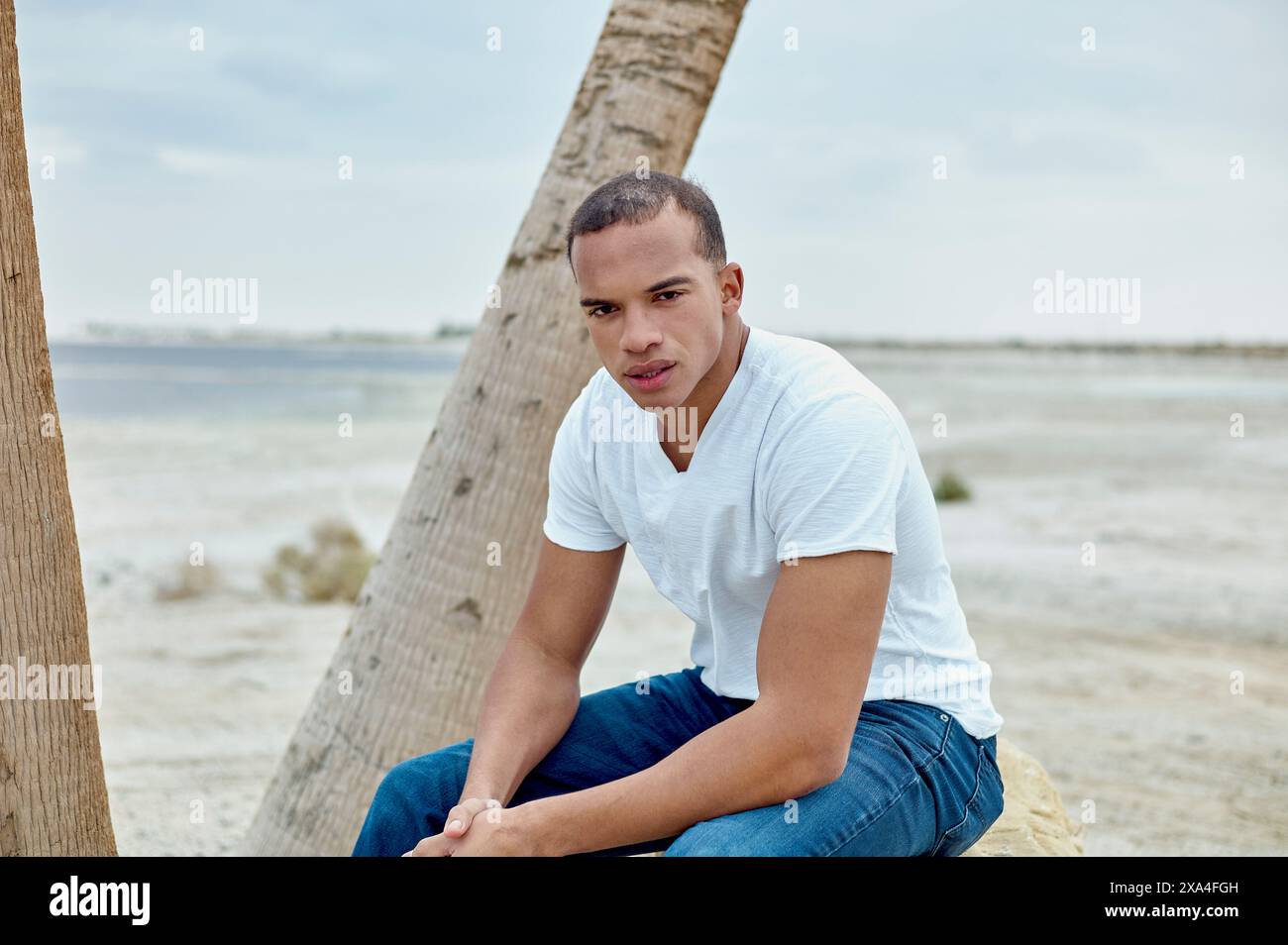 A man sits crouched by a tree trunk on sandy ground, gazing at the ...
