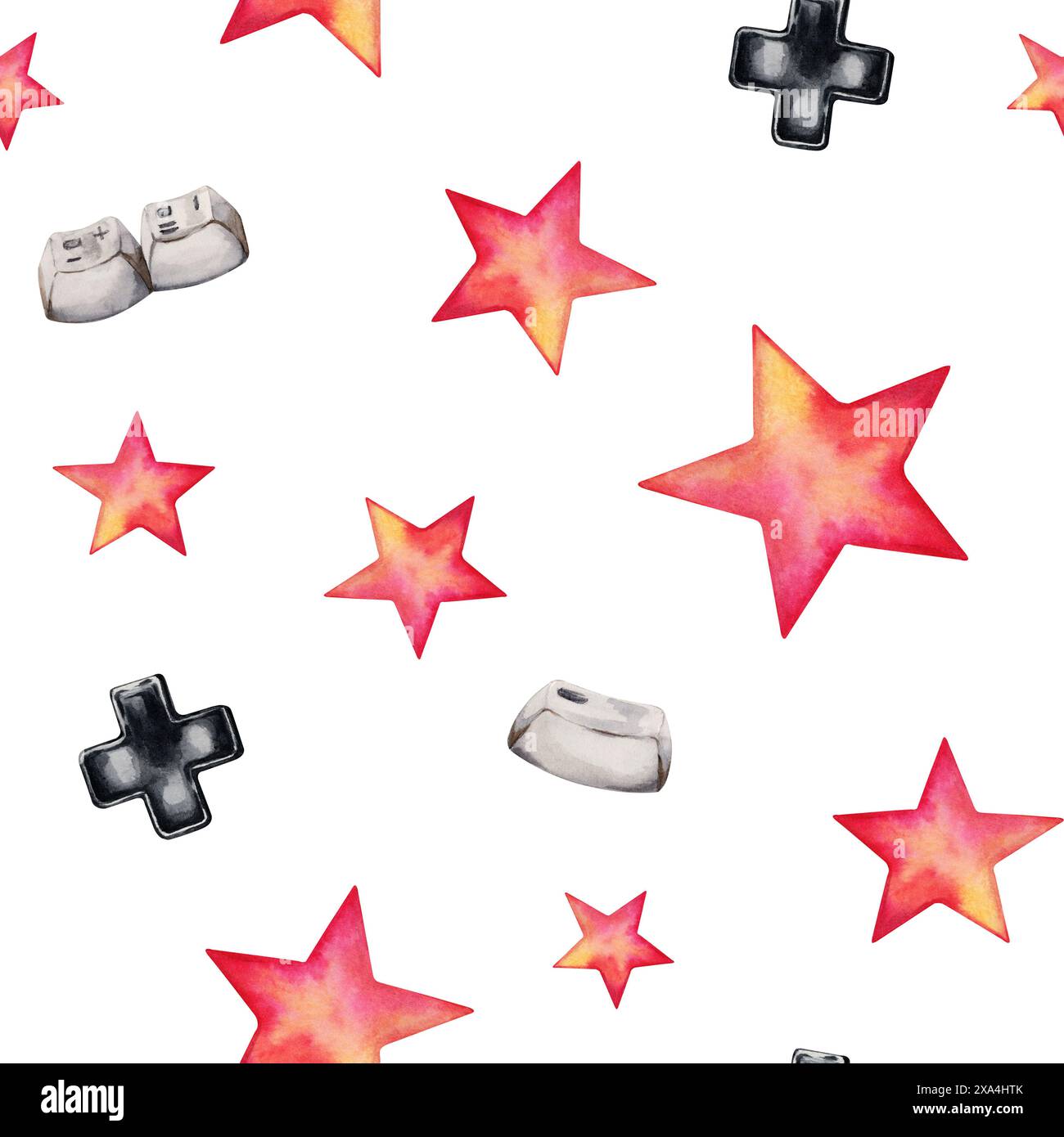 Star shapes and old computer keyboard gaming buttons seamless pattern. Hand drawn watercolor illustration isolated on white background. 80s 90s themed Stock Photo