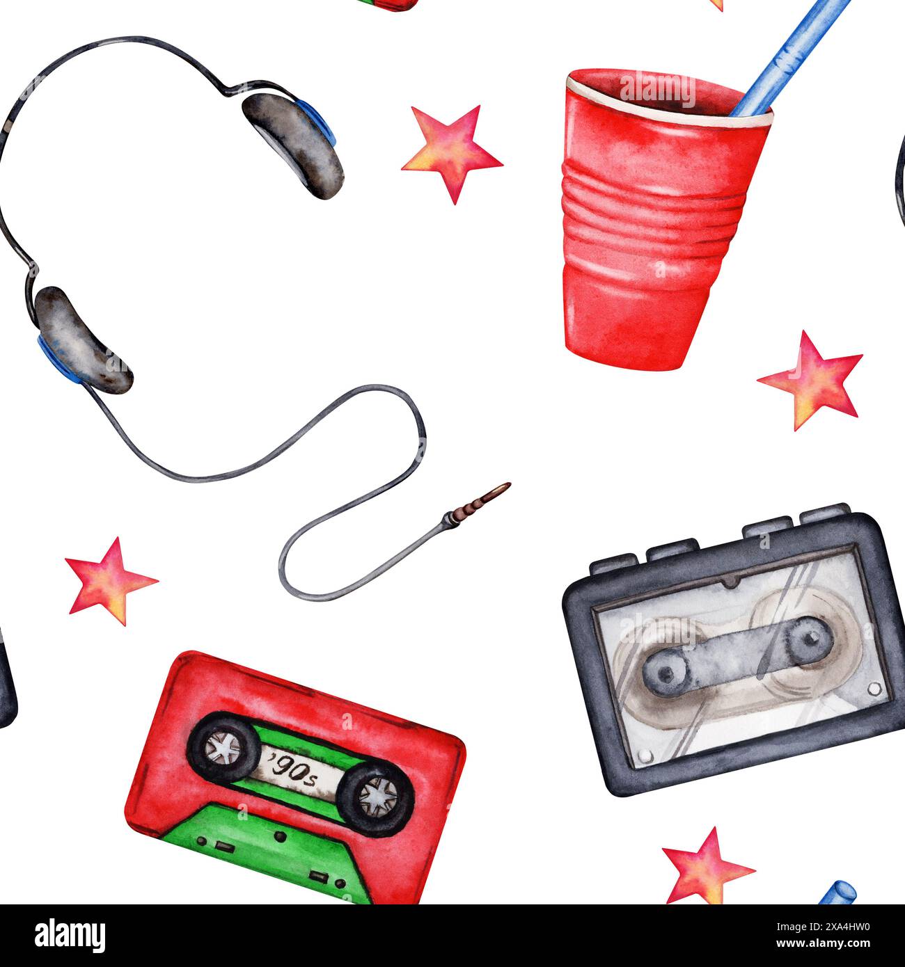 Headset, party drink and star, walkman and tape seamless pattern. Hand drawn watercolor illustration isolated on white background. 80s 90s themed desi Stock Photo