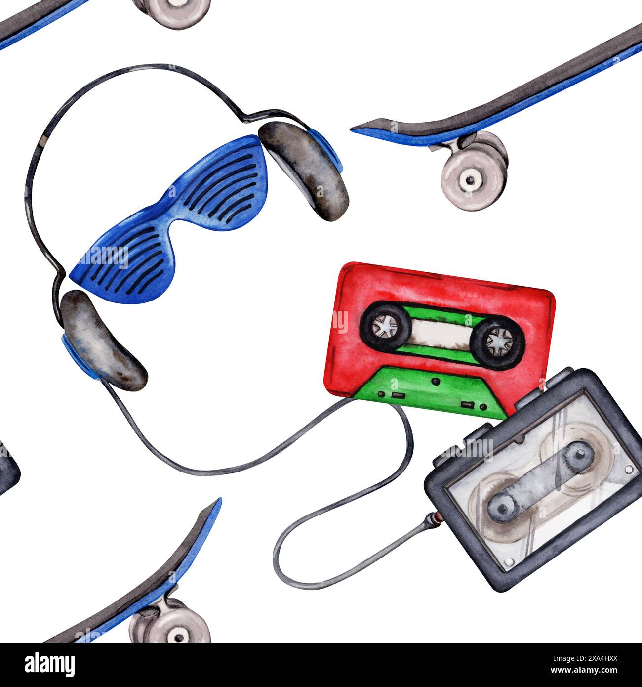 Headset with walkman and cassette seamless pattern. Sunglasses and skateboard painting. Watercolor illustration isolated on white background. 80s 90s Stock Photo