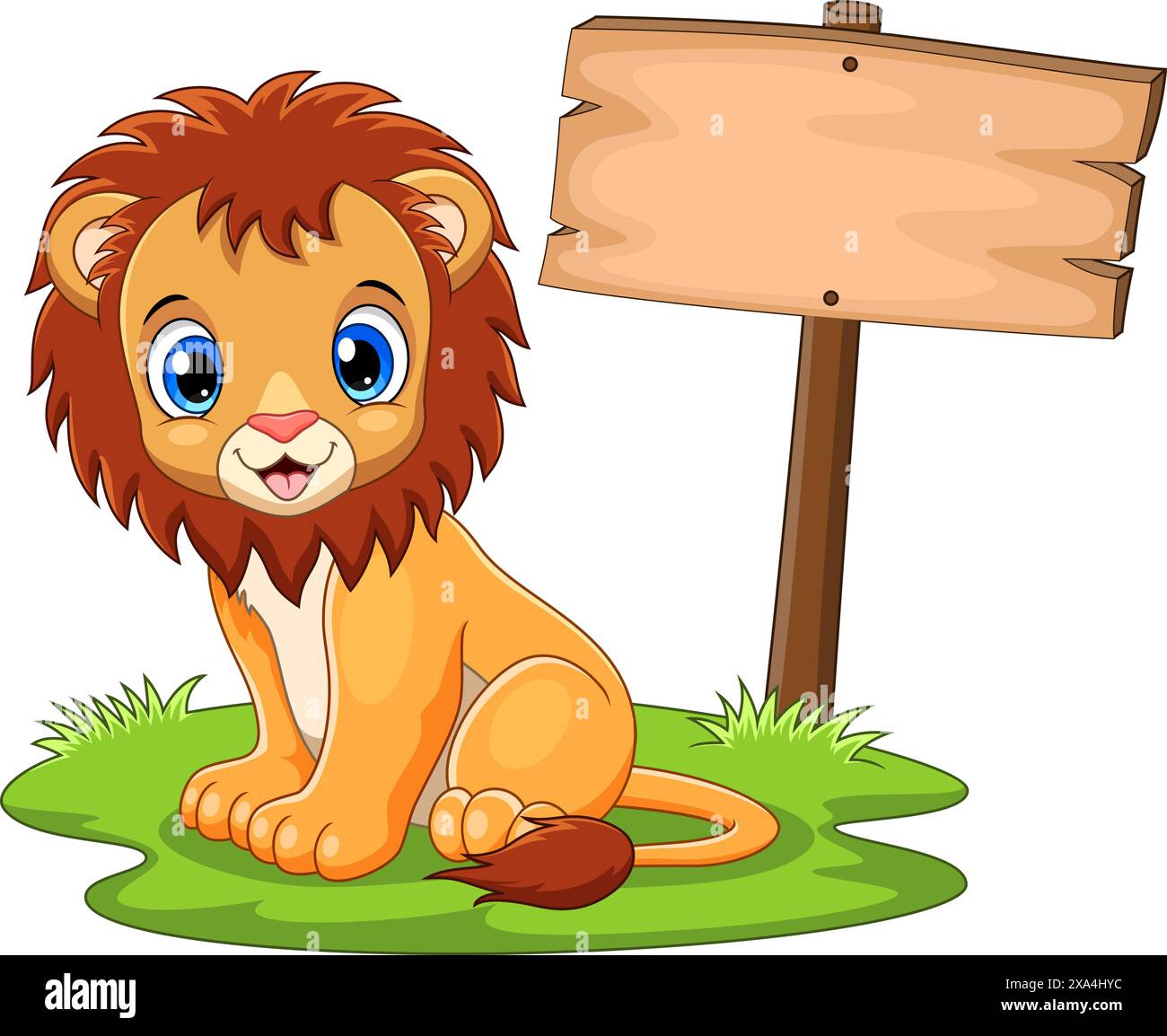 Cute baby lion sitting on blank board background Stock Vector