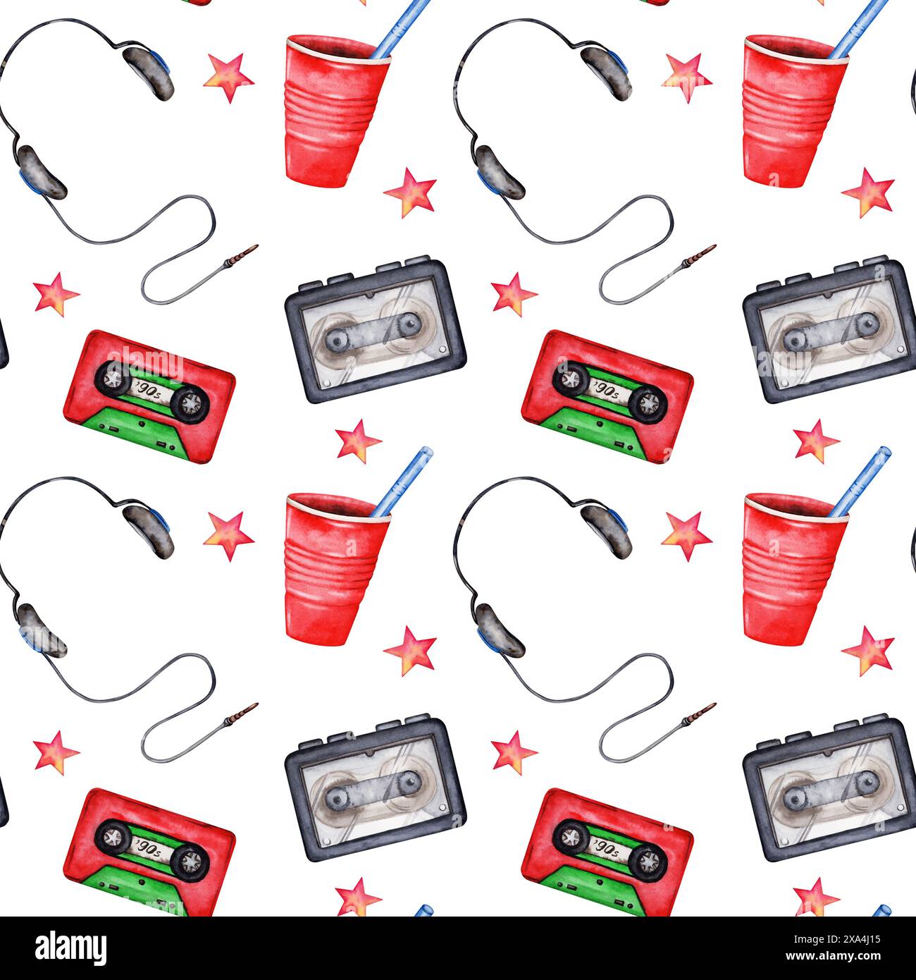 Headset, party drink and star, walkman and tape seamless pattern. Hand drawn watercolor illustration isolated on white background. 80s 90s themed desi Stock Photo