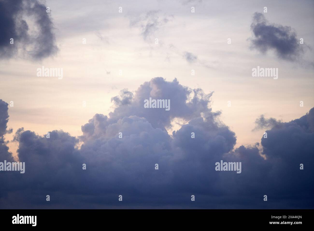 A serene skyscape showing fluffy cumulus clouds basked in the soft light of either dawn or dusk, with hues of blue and gentle gradients of light. Stock Photo