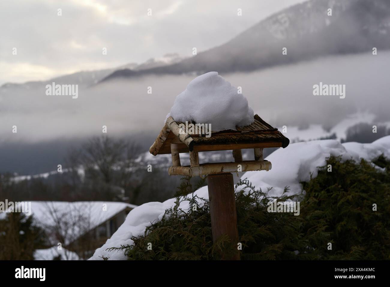 A birdhouse topped with a thick layer of snow stands against a backdrop of misty mountains and a cloudy sky. Stock Photo