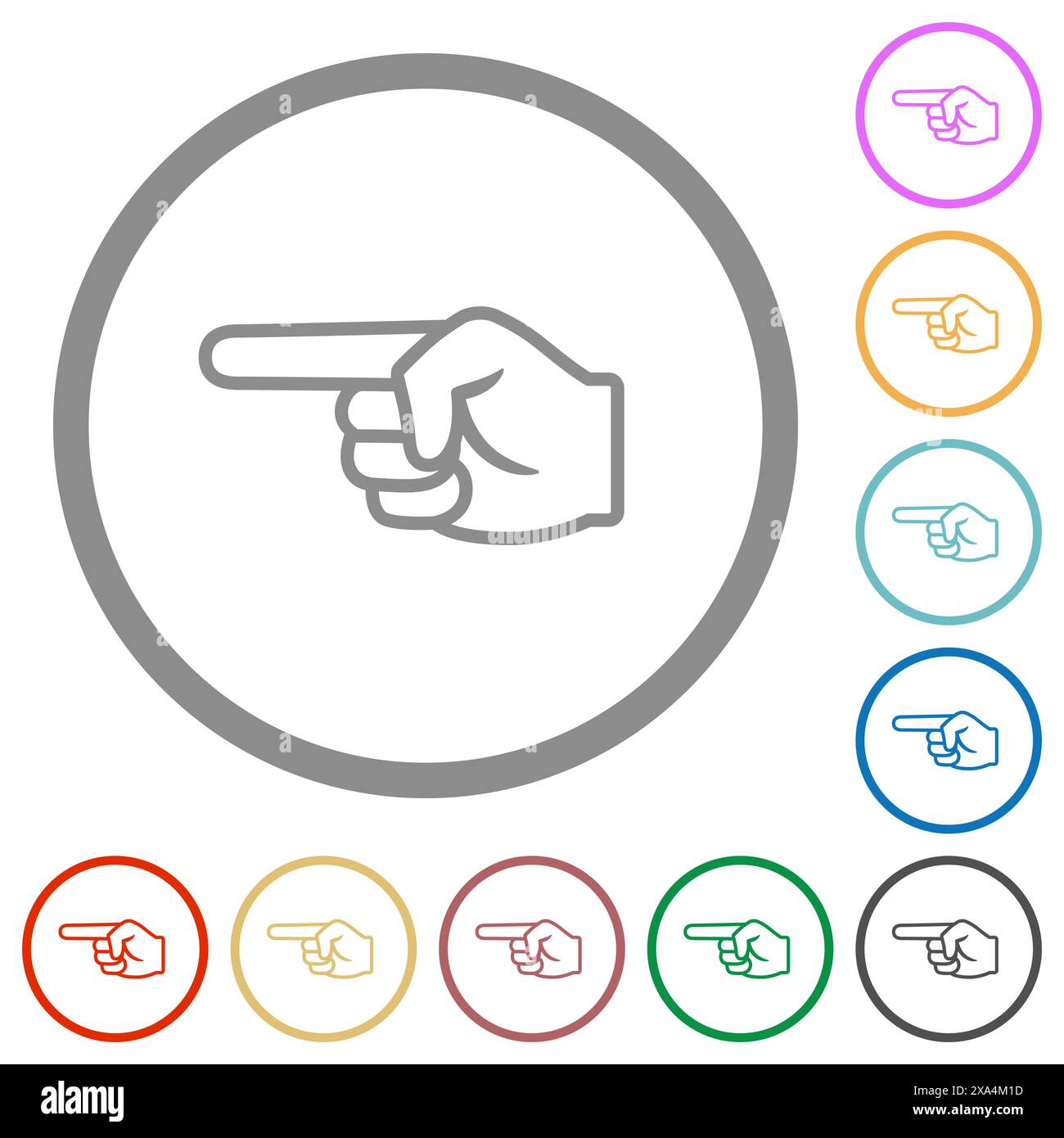 Left pointing hand outline flat color icons in round outlines on white ...