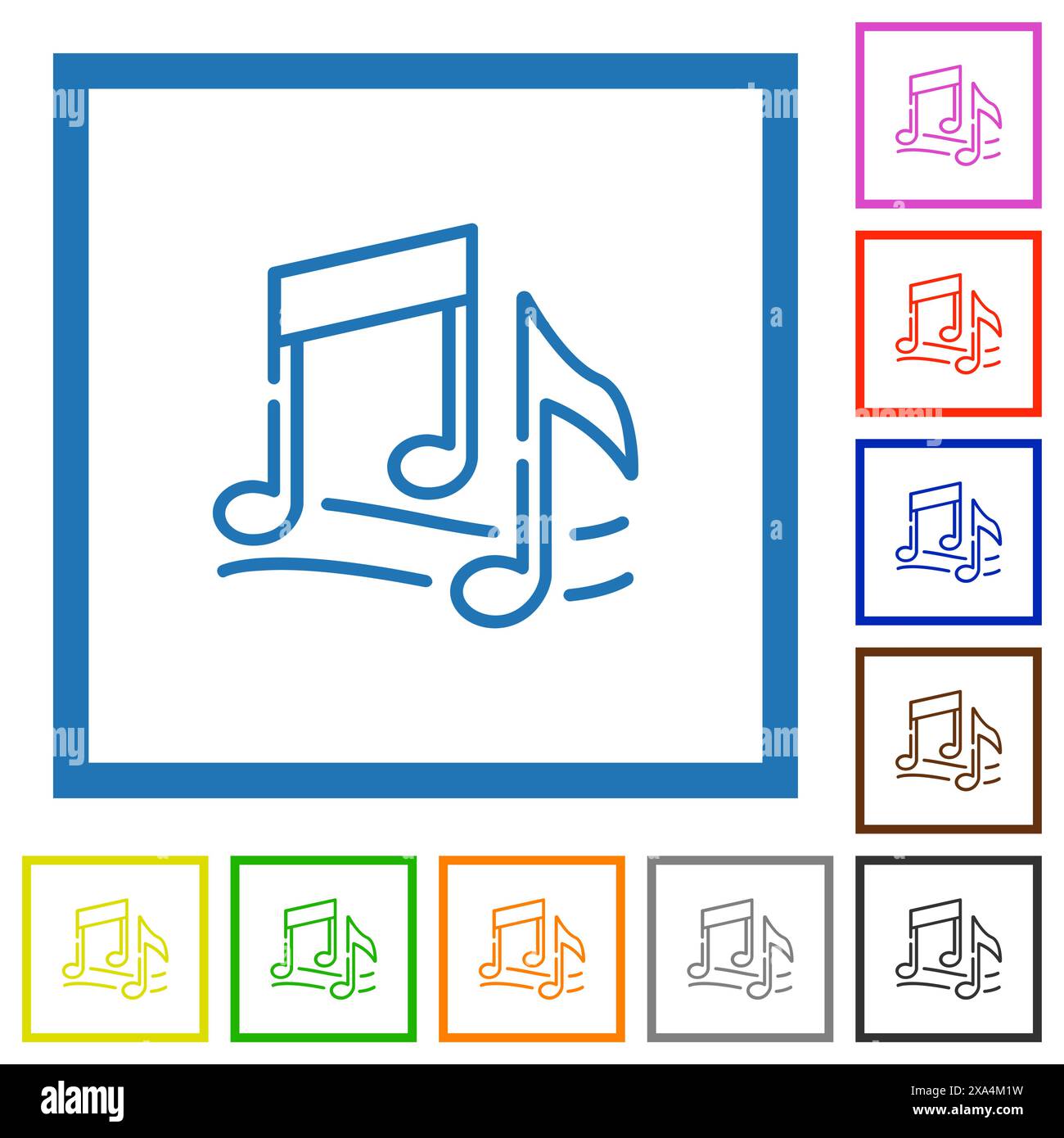 Music notes outline flat color icons in square frames on white ...