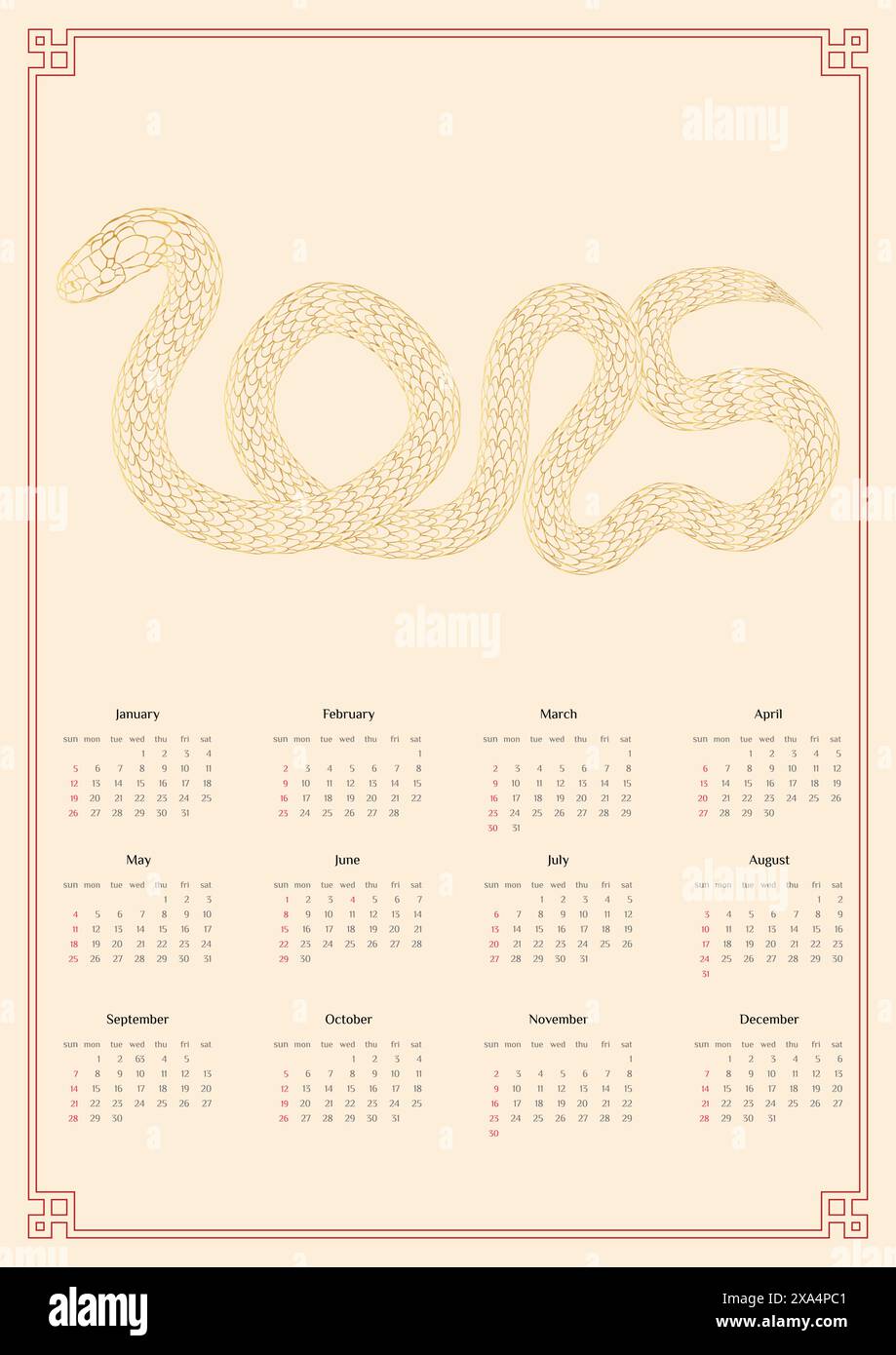 Curated visual reference: Snake Meals Calendar Reference: Calendar 2025 Start Of Week Sunday Vector Asian Chinese Mockup