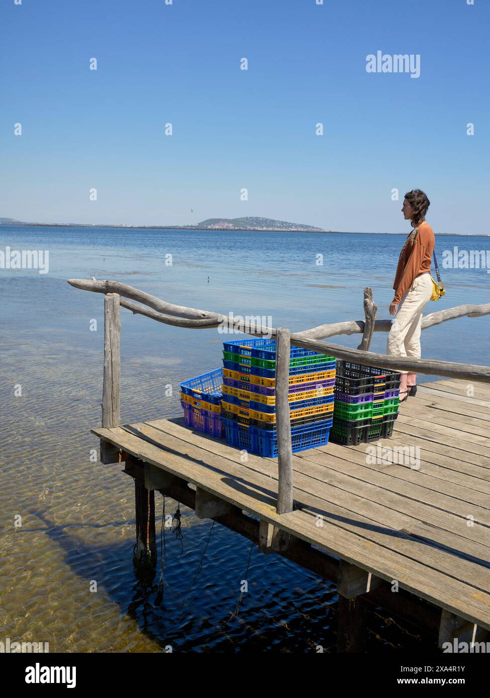 A person stands on a wooden pier by calm blue waters, gazing towards the horizon with colorful crates stacked nearby. Stock Photo