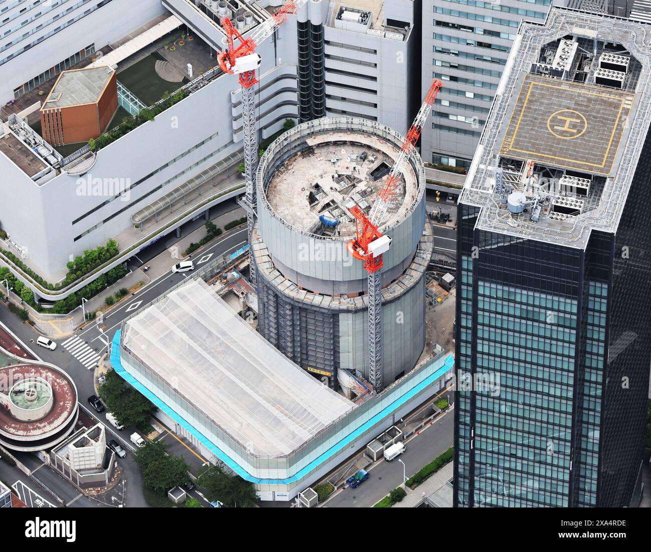 An aerial photo shows Osaka Marubiru under demolition in Osaka City ...