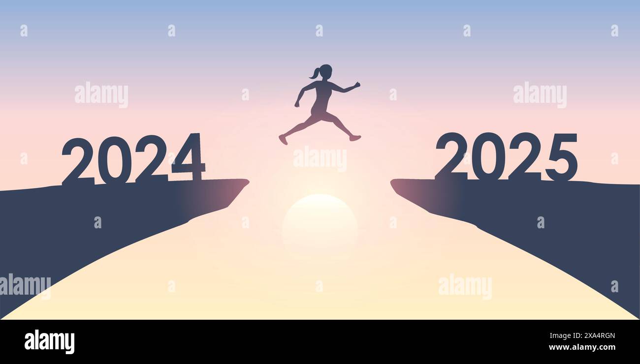 woman jumping over a cliff from 2024 to 2025 vector ilustration Stock ...